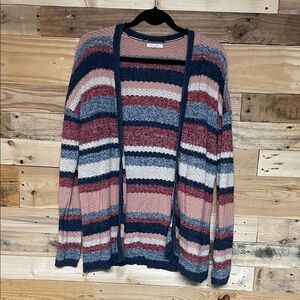 Maurice’s size Medium Striped Blue, Pink, Burgundy, & Cream Open Front Cardigan